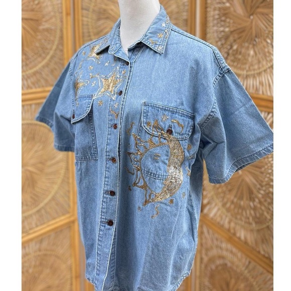 Lorraine’s Designs Tops - Vintage Lorraine’s Designs Denim Shirt Gold Silver Glitter Stars Moon Celestial